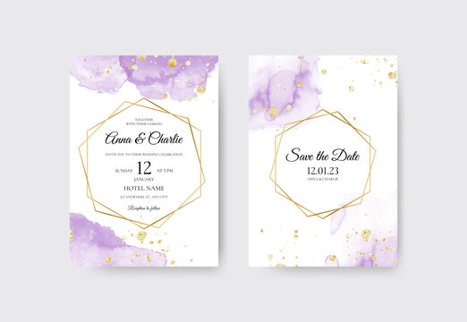 Wedding invitation template with beautiful purple watercolor and gold