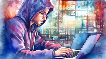 Watercolor painting of hipster or hacker or computer gamer at an open laptop sitting at a desk in a hoodie