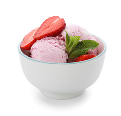 Bowl of delicious ice cream scoops with fresh strawberries and mint isolated on white background