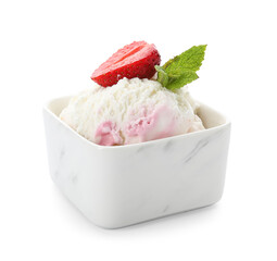 Bowl of delicious ice cream with fresh strawberry and mint isolated on white background