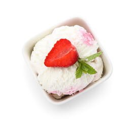 Bowl of delicious ice cream with fresh strawberry and mint isolated on white background