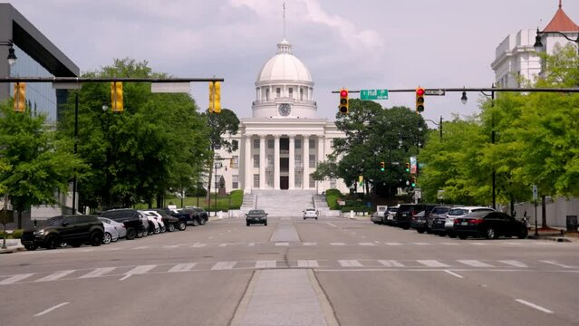 Alabama state capitol building with gimbal video walking forward along Dexter Avenue in Montgomery, Alabama.