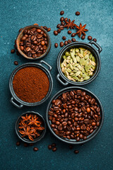 Preparation of aromatic coffee with cardamom and anise. Arabica or robusta coffee. Coffee background.