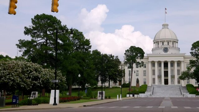 Dexter Avenue and Alabama State Capitol building in Montgomery, Alabama with video panning left to right close up.