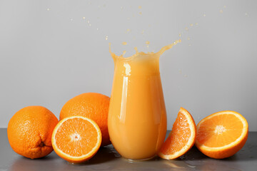 Glass of fresh orange juice with splashes on table against grey background