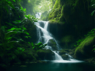 Fototapeta na wymiar A beautiful waterfall in forest, Generative AI Illustration.