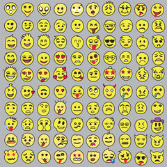 Set of Emoticons. Set of Emoji. Smile icons, Funny cartoon yellow emoji and emotions icon collection. Mood and facial emotion icons. Crying, smile, laughing, joyful, sad, angry and happy faces
