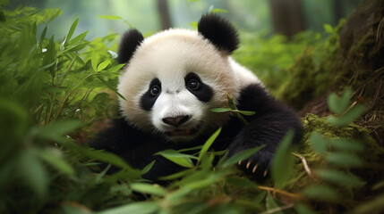 Obraz premium Cute panda in the jungle. Ai generative.