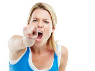Angry, pointing and portrait of woman screaming in an argument, fight or conversation. Upset, moody and young female person shouting or yelling with her finger isolated by transparent png background.