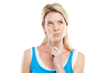 Thinking, face and brainstorming woman planning ideas, strategy plan or problem solving solution, choice or decision. Doubt, memory and confused female person isolated on transparent, png background
