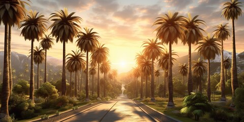 Fototapeta na wymiar AI Generated. AI Generative. Amrican miami california road trip with palms. Adventure travel vacation vibe. Graphic Art