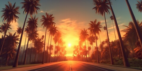 Obraz premium AI Generated. AI Generative. Amrican miami california road trip with palms. Adventure travel vacation vibe. Graphic Art