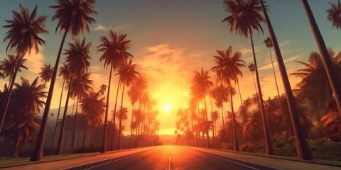 Fotobehang AI Generated. AI Generative. Amrican miami california road trip with palms. Adventure travel vacation vibe. Graphic Art © Graphic Warrior