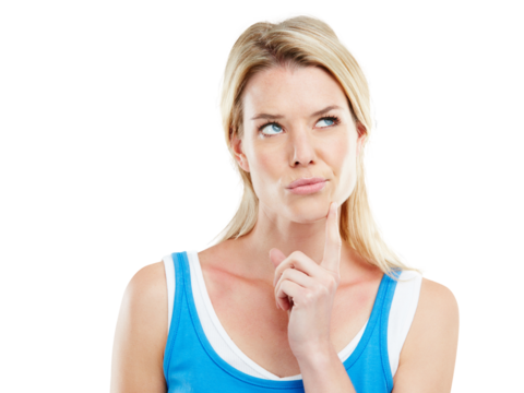 Thinking, face and brainstorming woman planning ideas, strategy plan or problem solving solution, choice or decision. Doubt, memory and confused female person isolated on transparent, png background