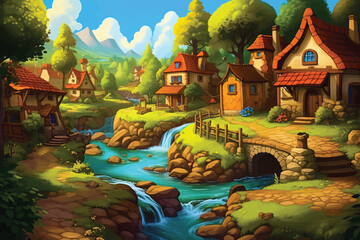 the village of fairy tale houses with river
