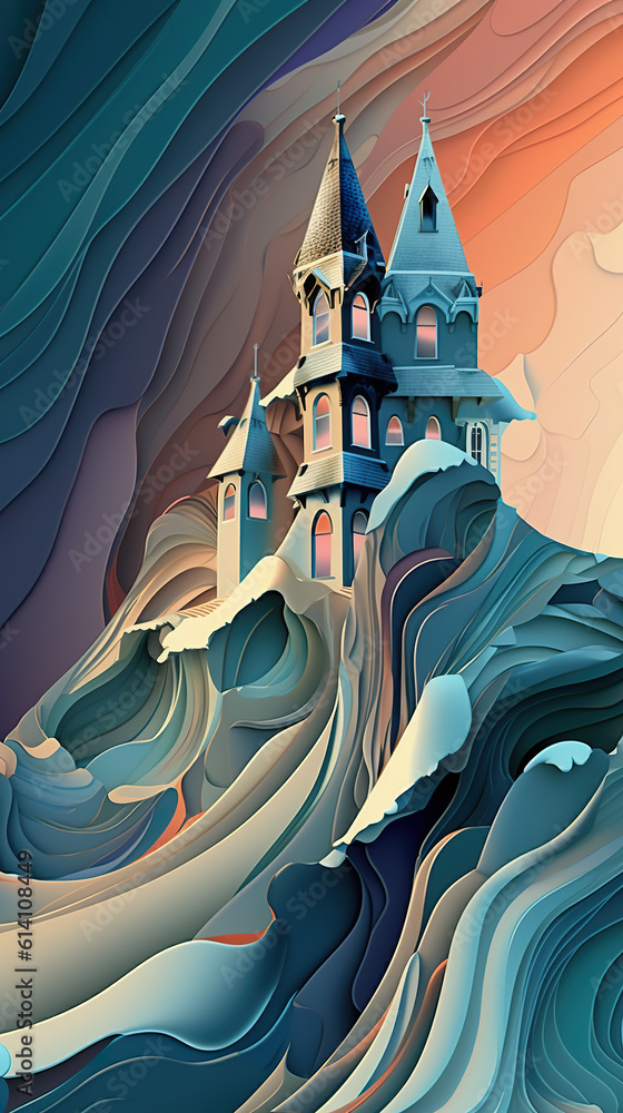 Poster a castle sitting on top of a wave in the ocean. generative ai. abstract wavy patterns in blue and or
