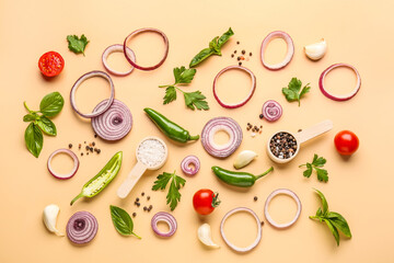 Composition with fresh onion, jalapeno, tomatoes and spices on beige background