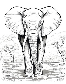 Black and white illustration of elephant cartoon page, coloring page for kids and adults. African animal elephant. Elephant in the African savanna. Vector illustration isolated on white background.