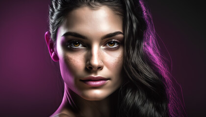 Vibrant Beauty: Close-up Shot of a Stunning Model against a Magenta and Pink Setting, generative ai technology
