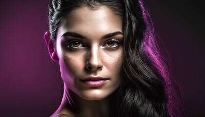 Fototapeta premium Vibrant Beauty: Close-up Shot of a Stunning Model against a Magenta and Pink Setting, generative ai technology