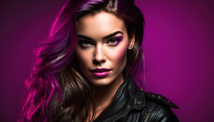 Naklejka premium Flawless Elegance: Close-up Shot of a Beautiful Model on a Pink and Magenta Backdrop, generative ai technology