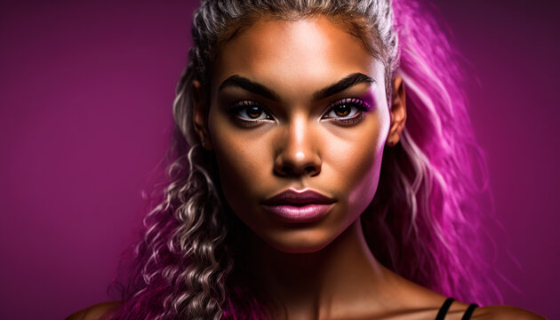 Alluring Aura Close-up Portrait of a Mesmerizing Model on a Magenta and Pink Backdrop, generative ai technology