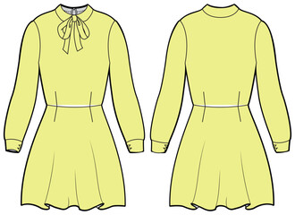 Women Long sleeve Skater dress design flat sketch fashion illustration with front and back view