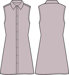 Women sleeveless shirt dress design with collar flat sketch fashion illustration with front and back view