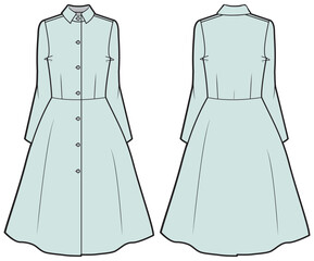 Women  A line fit flare coat dress design with collar flat sketch fashion illustration with front and back view