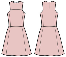 Women sleeveless flared dress design flat sketch fashion illustration with front and back view, A line dress vector template