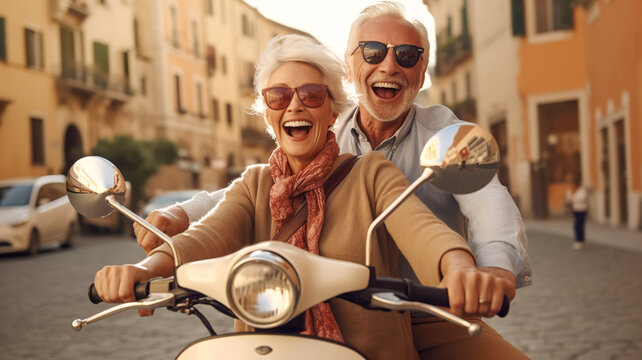 Illustration of a Happy senior couple riding scooter in Italy. Travel concept, banner, ai generative