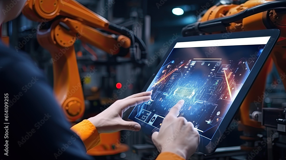 Aufkleber industry 4.0 concept .man hand holding tablet with augmented reality screen software and blue tone o