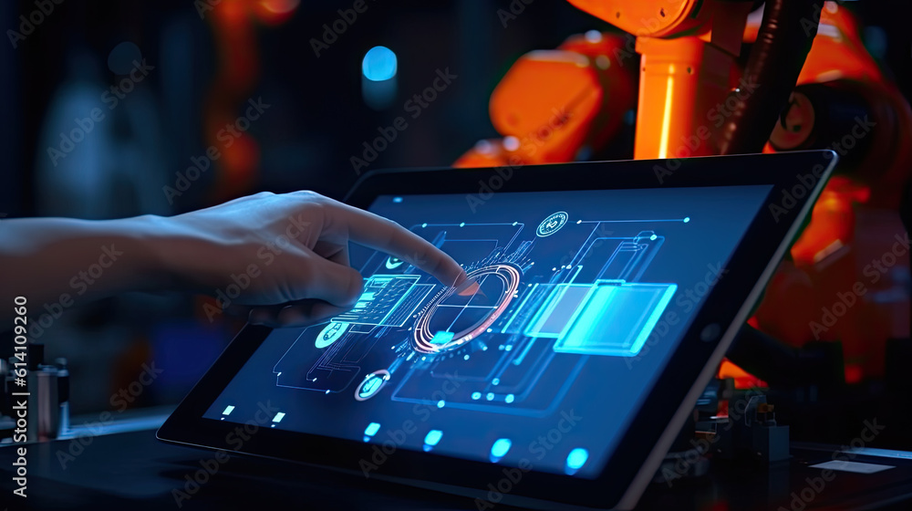 Aufkleber industry 4.0 concept .man hand holding tablet with augmented reality screen software and blue tone o