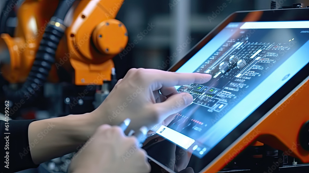 Poster industry 4.0 concept .man hand holding tablet with augmented reality screen software and blue tone o