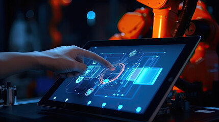 Industry 4.0 concept .Man hand holding tablet with Augmented reality screen software and blue tone of automate wireless Robot arm in smart factory background