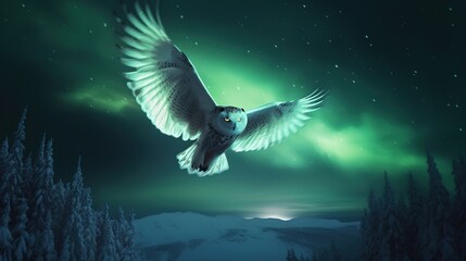 A Snowy Owl Soaring Through the Starry Night. Generative AI