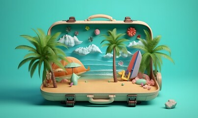 vacation travel time banner, open travel suitcase with exotic destination inside, tourist suitcase summer vacation advertisement concept on tropics lagoon bay, Ai Generative