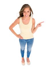 Top view, portrait and woman with a smile, pointing and model isolated against a transparent background. Happy, female person and girl with marketing, decision and opportunity with png and choice