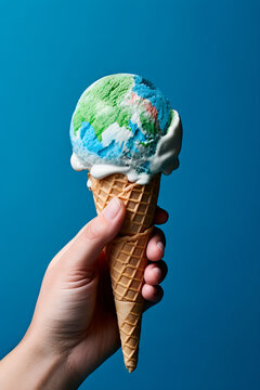 Une main tenant une glace qui ressemble à la planète Terre en train de fondre, image générée par intelligence artificielle