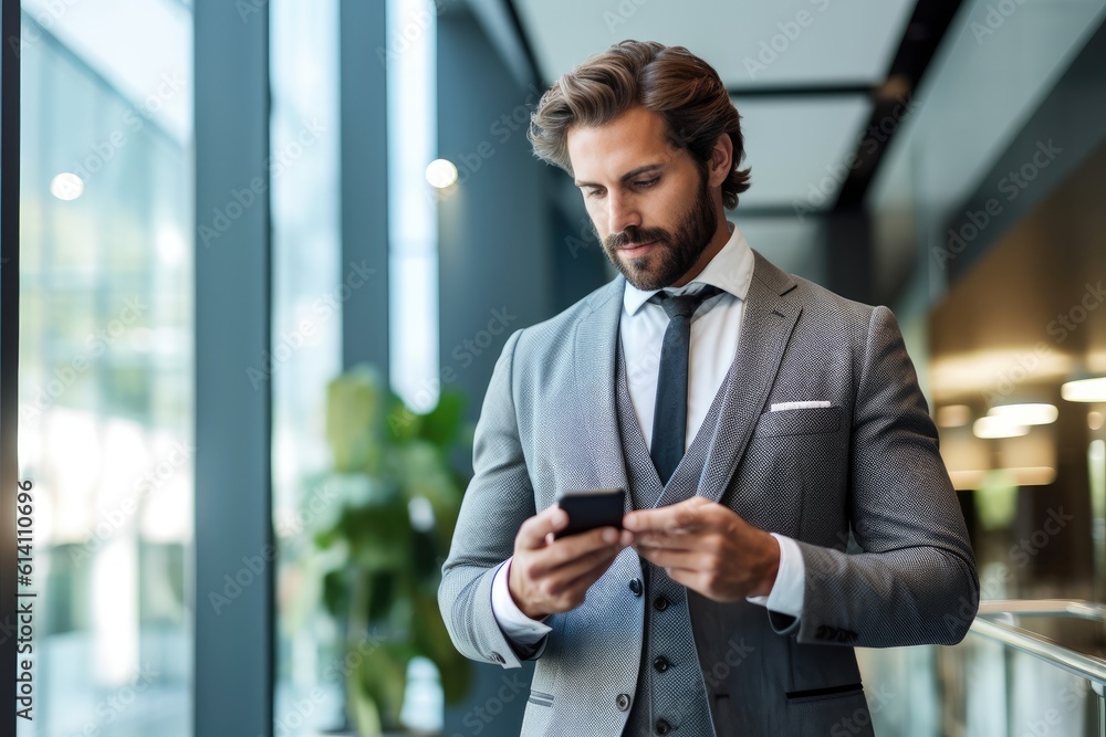 Poster a close - up shot of a businessman using a smartphone in a modern office environment. generative ai