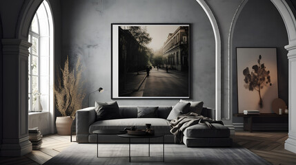 Modern interior design of living room with grey sofa, coffee table and poster with city view Generative AI
