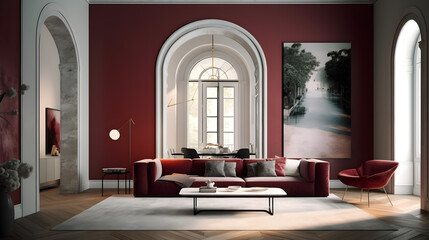 Interior of modern living room with red walls, wooden floor, red sofa and armchairs Generative AI
