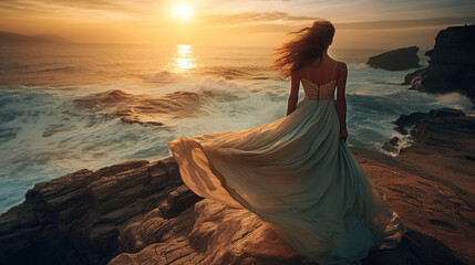 Fototapeta na wymiar Beautiful girl in a long blue dress on the rocks at sunset. Fashion photo of a Beautiful woman with long brown hair in a long blue dress on the rocks by the sea and looking to it. AI generated