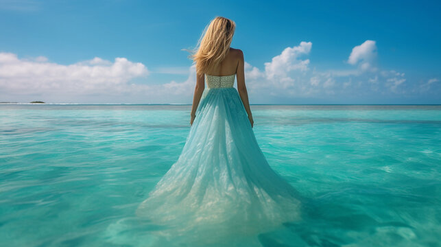 Beautiful girl in a long white dress on the beach at Maldives. Rear view of a Blonde woman in a blue dress on a tropical beach. Young woman in a long dress on the seashore at Maldives.  AI generated