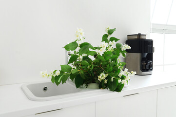 Vase with blooming jasmine flowers in kitchen sink