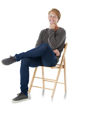 Portrait, fashion and smile of man on chair isolated on a transparent png background. Style, ginger...
