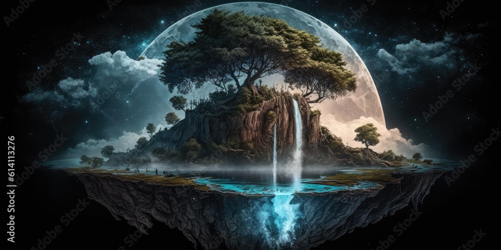 Wall mural fantasy fairytale sphere island floating in universe of night sky. superlative generative ai image.
