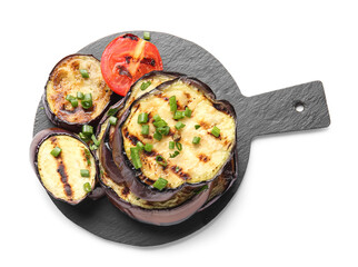 Slate board with delicious grilled eggplants and tomato on white background, top view
