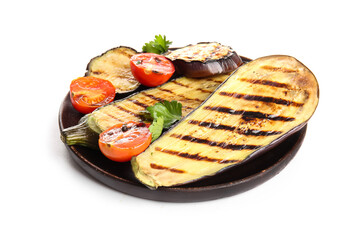 Plate with delicious grilled eggplants and tomatoes on white background