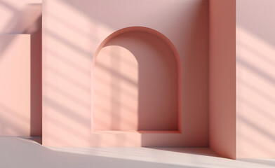 Creative interior concept. Large empty pastel pink coral wall room facade design with natural shadow. Banner template for product presentation. Mock up 3D rendering 
